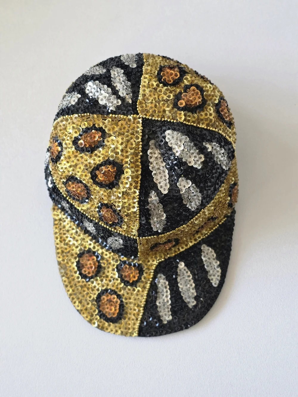 Y2K Sequin Leopard Print Hat Gold Black Mob Wife McBling Glam Statement Cap Vtg - Picture 3 of 16